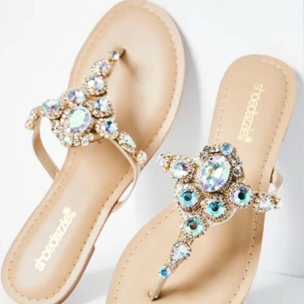 Shoe Dazzle Tan Sandals with Crystal Embellishments